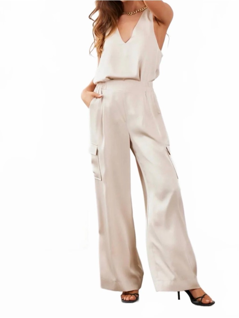 Bishop + Young Sand Satin Cargo Pants & Top Set Size S NWT